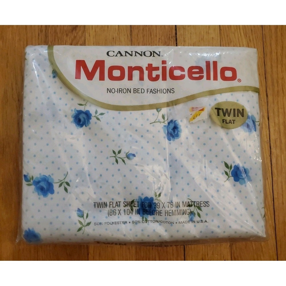 New Vintage Cannon Monticello Blue Roses Dotted Twin Flat Percale Sheet